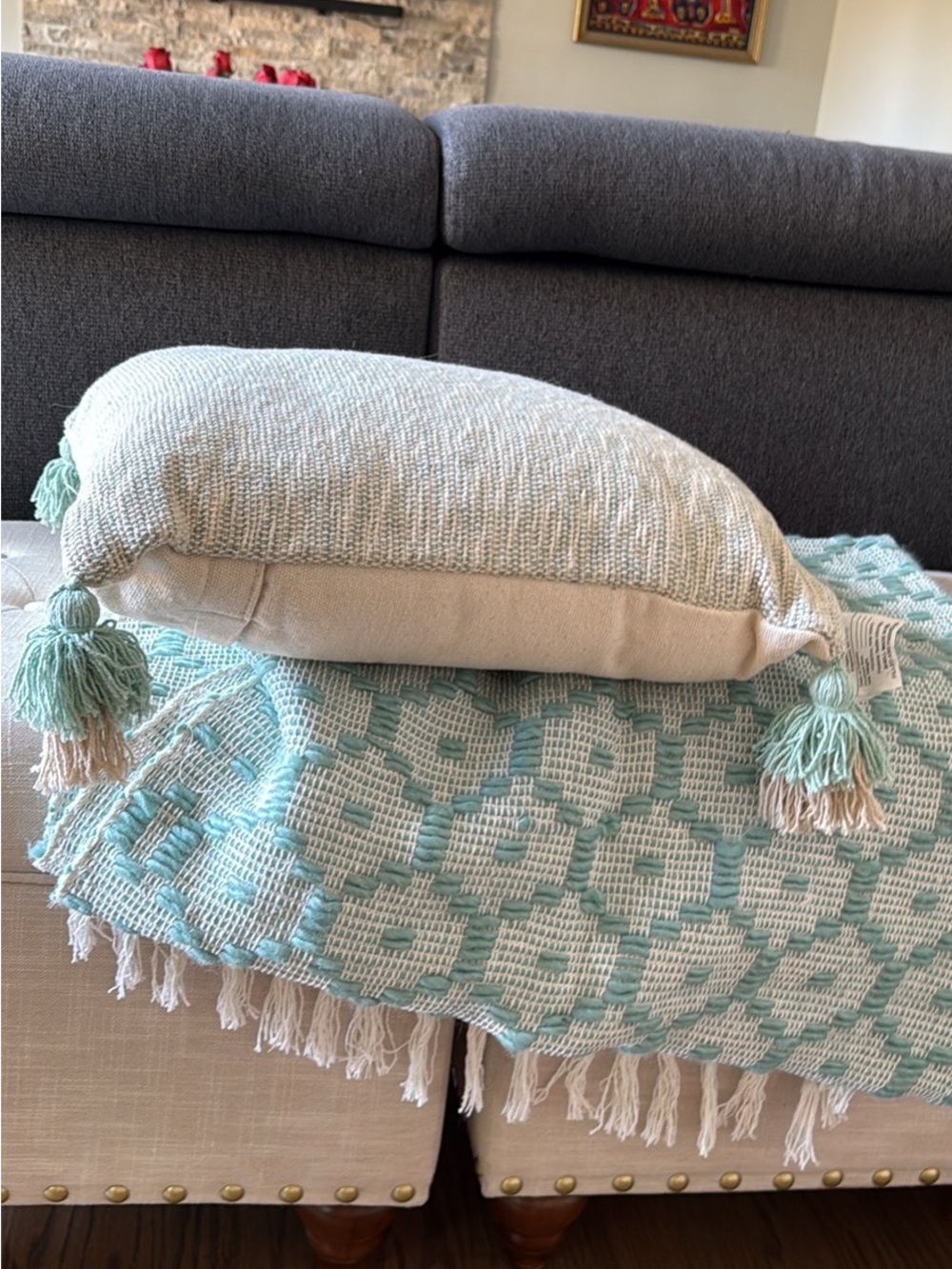 Cynthia Rowley Aqua and Cream Woven Throw